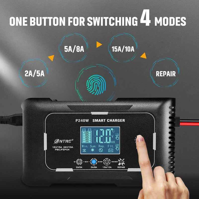 HTRC Automatic 12V/24V 15A Car Battery Charger for RV PB LIFEPO4 AGM (AU)