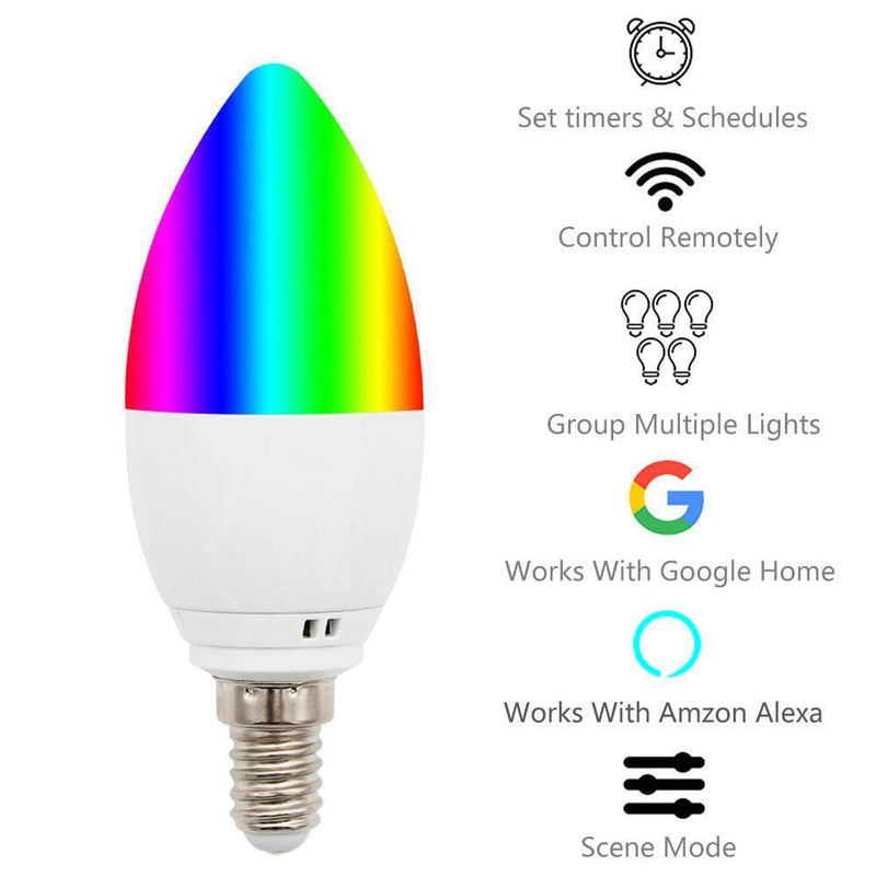 E14 Dimmable RGBW LED Smart WiFi Light Bulb Works with Alexa Google Assistant