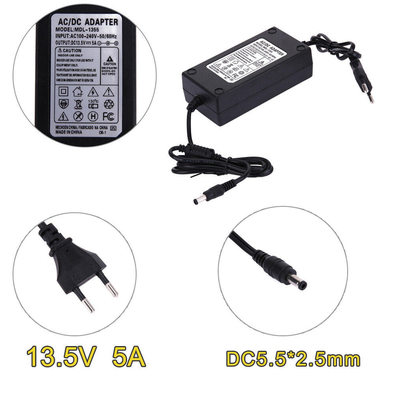 13.5V 5A AC to DC Power Adapter Dual Cable Converter Universal 5.5x2.1-2.5m