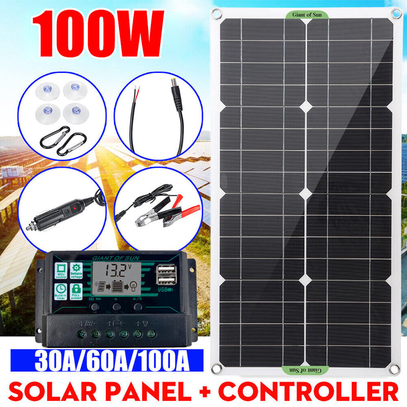 #A Dual USB Car Battery Charger 100W Solar Panel Kits with 30A/60A/100A Controll