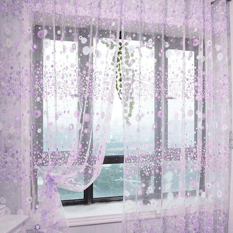 2pcs 200x100CM Floral Printed Tulle Voile Window Curtain ?Purple ?