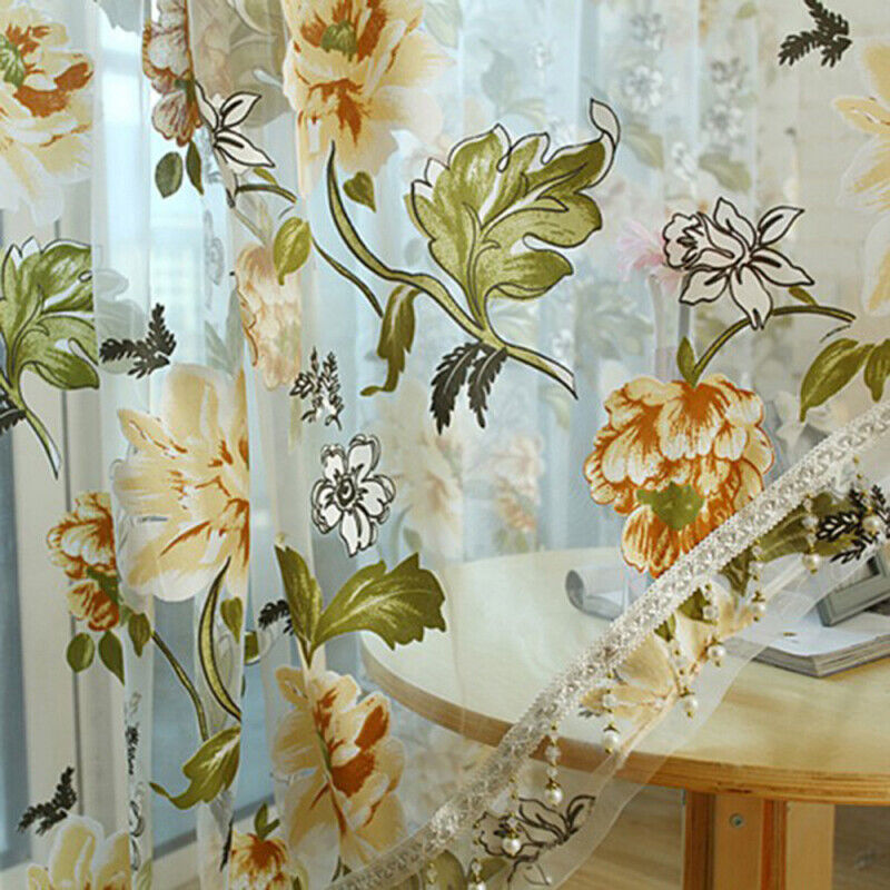 Window Curtain Flower Sheer Pattern Voile Valances Yellow 100x250cm