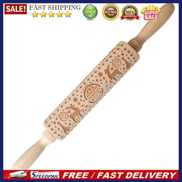 Wooden Snowflake Elk Embossed Rolling Pins Embossing Baking Cookies Biscuit