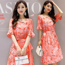 Women Elegant Print Dress O Neck Frill Half Sleeve Lace Up Tunic A-line Dresses