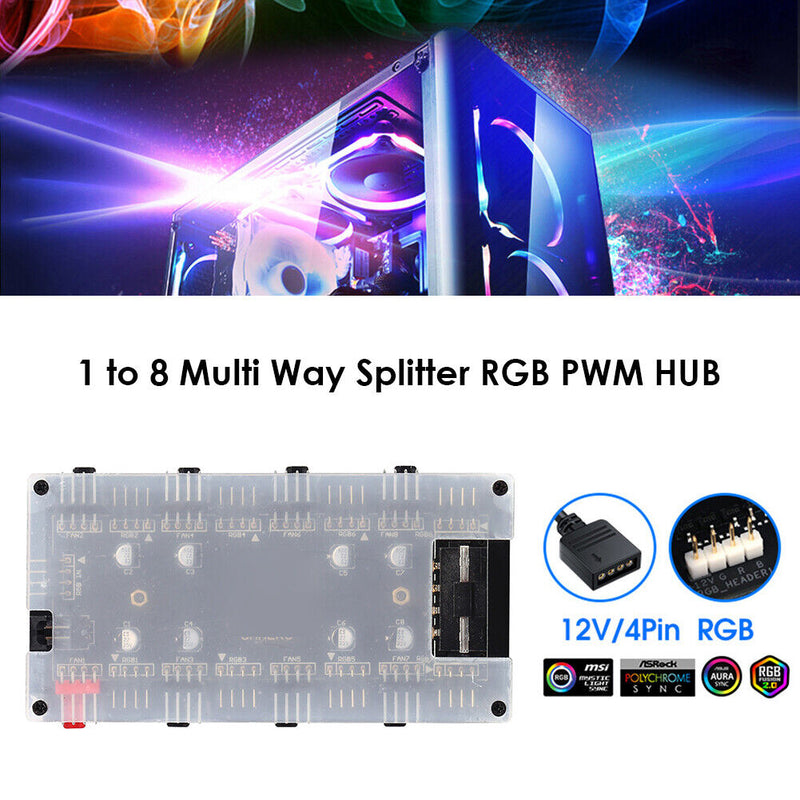 1 To 8 Multi Way RGB PWM HUB 12V/4 Pin for Fan Motherboard (4D+Shell) Newly