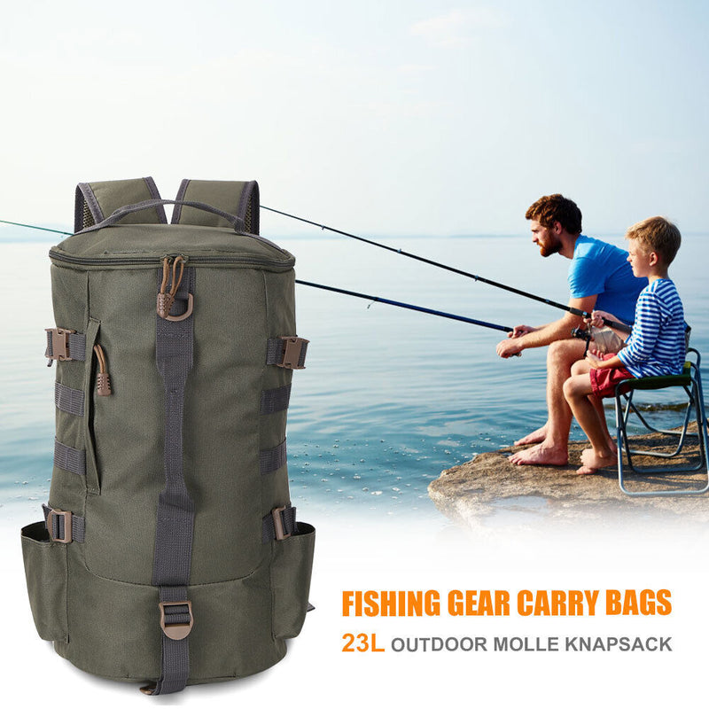 Large Fishing Tackle Backpack Cylindrical Fishing Gear Bags (Army Green) Newly