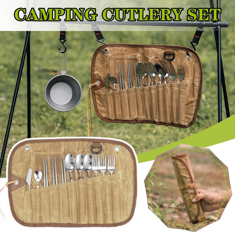 12Pcs Camping Cutlery Set Outdoor Tablewares Storage Bag Spoon Chopsticks Fork_