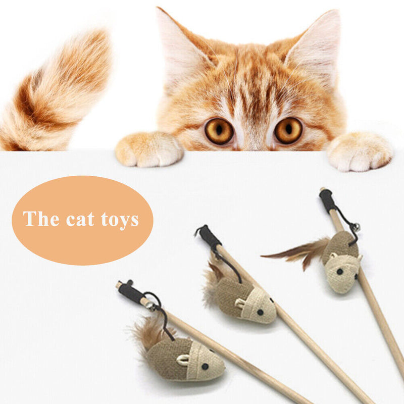 Pet Cat Teaser Interactive Toys Sisal Feather Wood Wand Catcher Stick Bitin