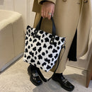 Women Soft Warm Plush Cow Pattern Handbags Female Travel Fluffy Underarm Bags
