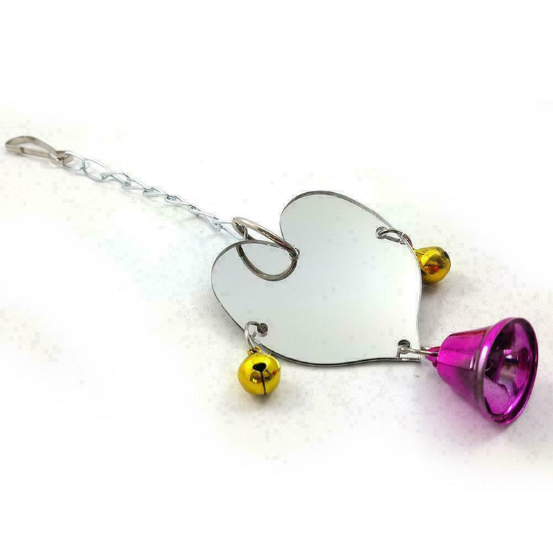 Pet Parrot Bird Heart Shape Mirror Toys Bell Swing Hanging D1C3 Cage M4A9