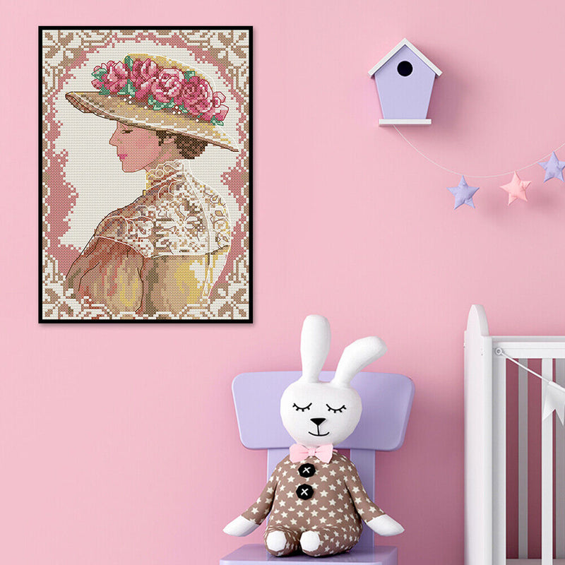 14CT Full Cross Stitch Elegant Lady Stamped DIY Cotton Thread Printed Needlework