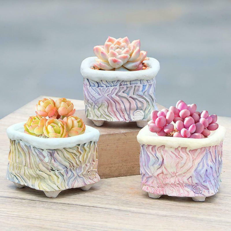 Hand Kneaded Bark Texture Square Pot White Pottery Flower Pot Succulent N9W4