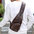 Leather Men Crossbody Chest Bag USB Charging Shoulder Packs (Dark Brown)