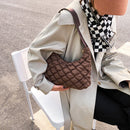 Women Solid Color Zipper Shoulder Bag Grid Pattern Mini Shopping Underarm Bag