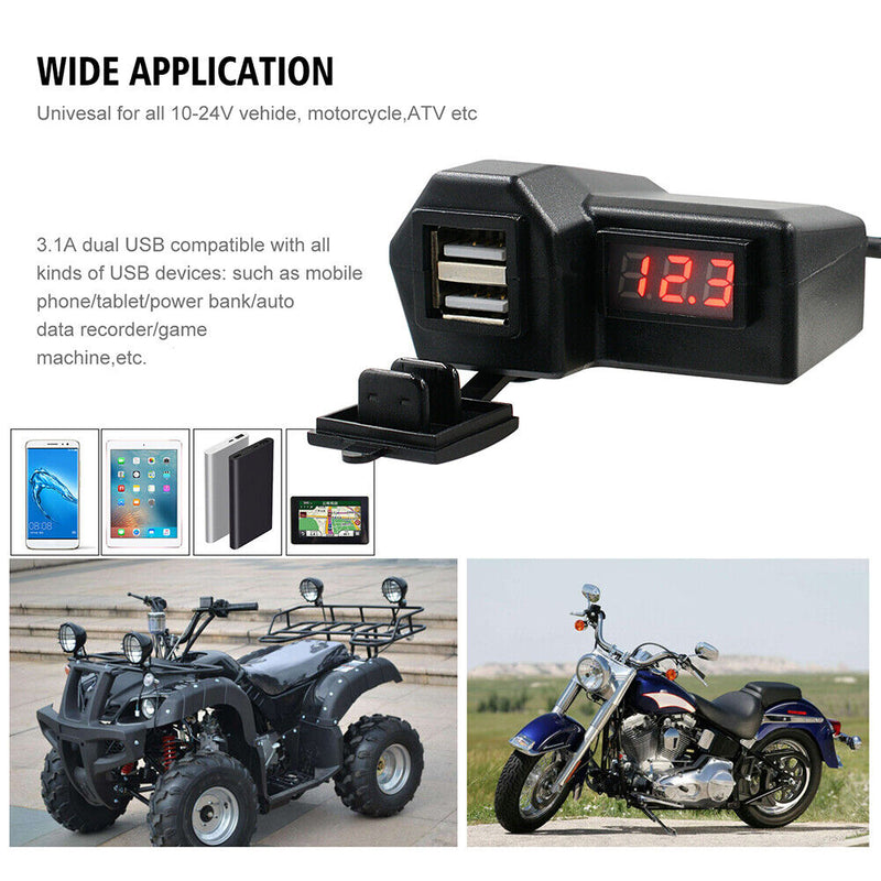 Motorcycle 3.4A Dual USB Charger Handlebar Mirror Power Adapter with Voltme