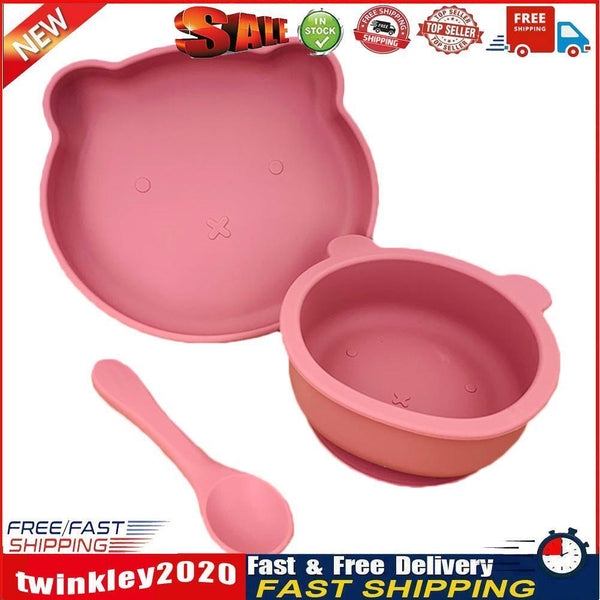 Food-grade Silicone Feeding Plate Bowl Spoon Non-Slip Tableware (Red) Newly