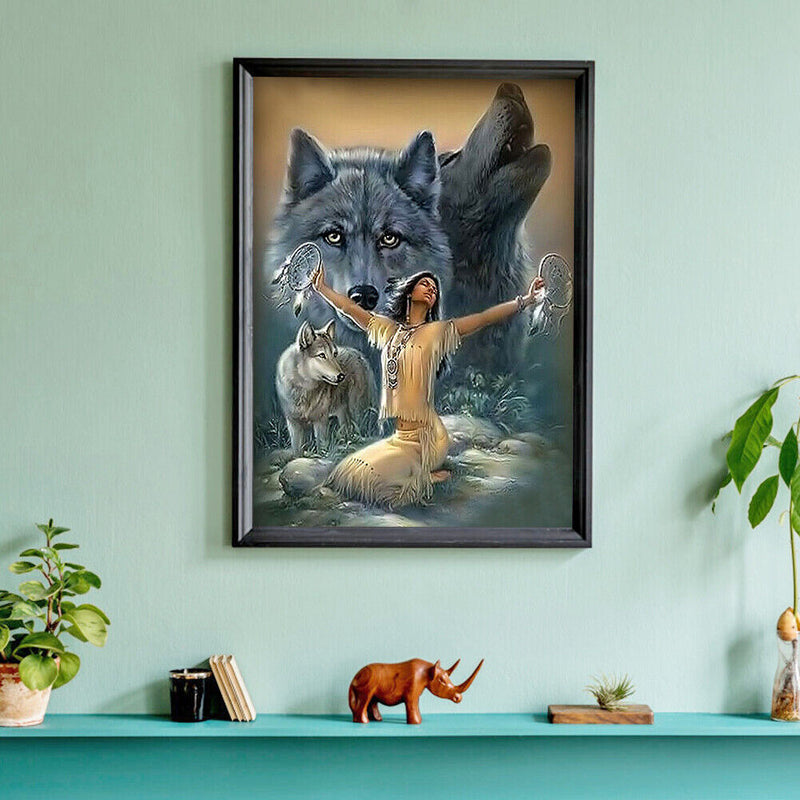 5D DIY Diamond Woman Wolf Full Round Drill Mosaic Wall Art Picture of Rhinestone