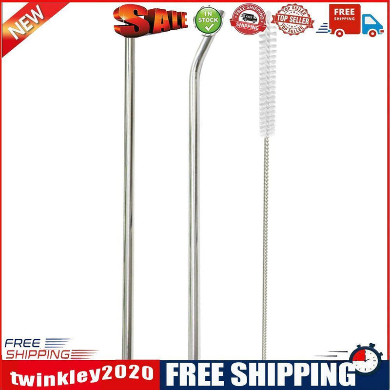 1Set Kitchen Tools 2pcs Stainless Steel Metal Drinking Straws+Brush for Mug