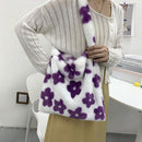 Women Plush Flower Pattern Handbag Lady Warm Large Shoulder Bag (Purple)
