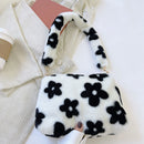 Fashion Flower Print Shoulder Bag Women Winter Plush Small Handbags (Black)
