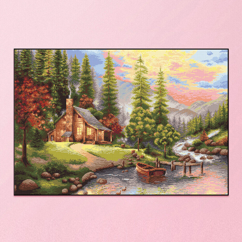 11CT 3 Beach Printed Full Embroidery River House Needlework Cross Stitch Kit