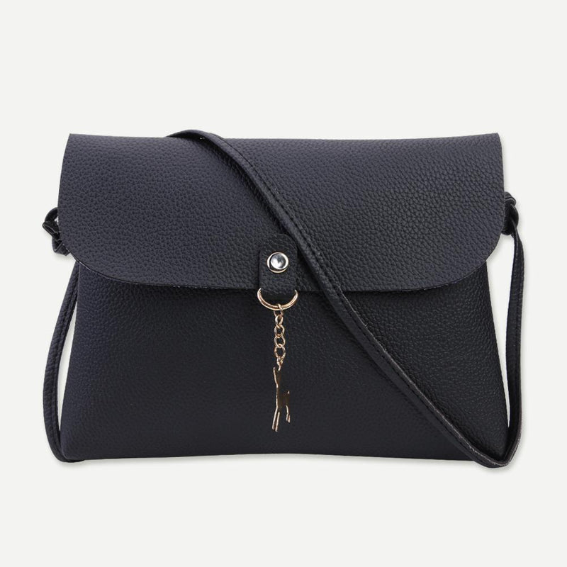Simple Pure Color Deer Pendant Shoulder Handbag Women Crossbody Bag (Black)