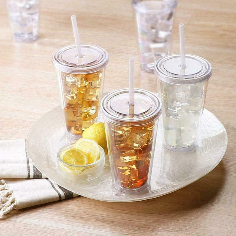 16OZ Double-Walled Cups Plastic Clear with Lid and Insulated 480ml Straw S0R4