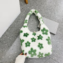 Female Fluffy Fashion Flower Pattern Handbag Winter Mobile Phone Top-Handle Bag