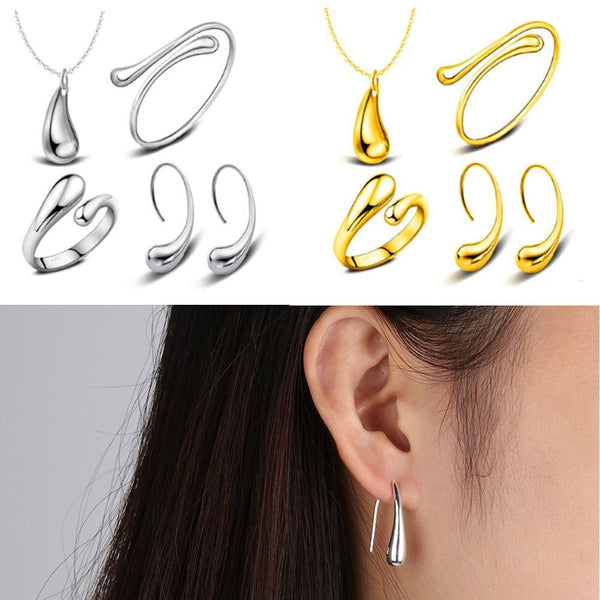 Wedding Necklace Women Ring Tear Drop Bracelet Earrings Open Bangle Jewelry Set