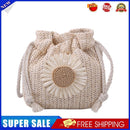 Women Straw Bucket Shoulder Bags Flower Drawstring Crossbody Pouch (Beige)