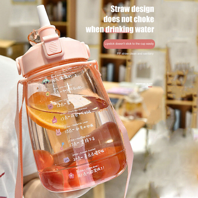 1300ml Drinking Water Bottle with Stickers Straw Cute Big Belly Water Jug C
