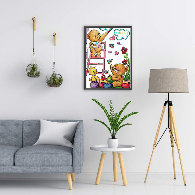 14CT Partial Stamped Embroidery Happy Painting Canvas Chinese Cross Stitch Set