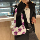 Fashion Women Flower Printing Underarm Bag Ladies Autumn Winter Plush Handbags