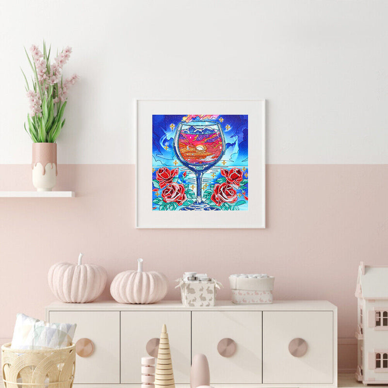 5D Wine Glass Sunset Diamond Painting Partial Special Shaped Wall Decor
