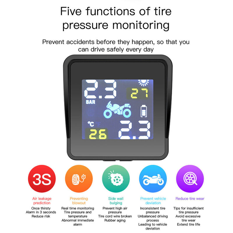 Solar Motorcycle TPMS Tire Pressure Monitoring Alarm System with 2 Sensors Newly