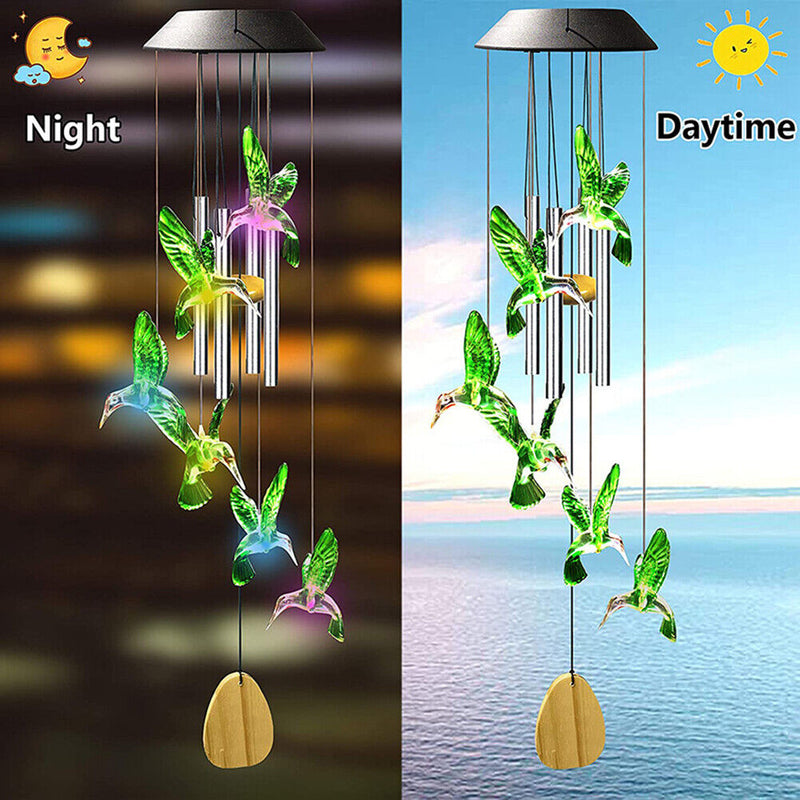 Colorful LED Solar Light Outdoor Wind Chime Hummingbird Pendant Lamps (A) Newly