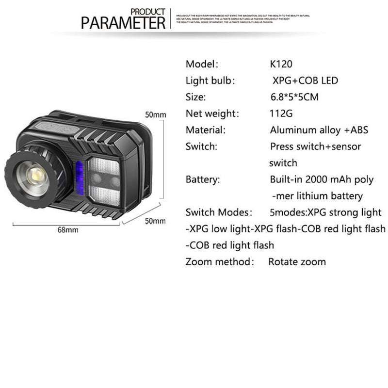Zoom XPG+COB Glare Headlight Induction Glare Headlamp Fishing  Lamp Work Light