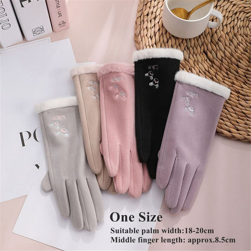 Windproof Embroidered Winter Warm Gloves Touch Screen Plush For Women