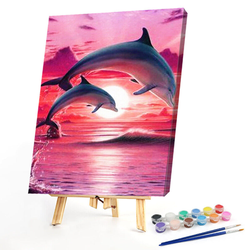 Oil Paint by Numbers Dolphins DIY Picture Drawing Artwork Wall Craft Gifts Kit