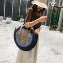 Women Color Patchwork Woven Round Straw Rattan Bag Shoulder Crossbody Handbag