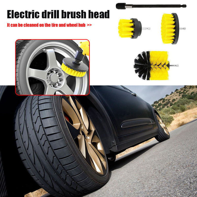 Drill Brush Attachment Set 2 3.5 4 inch Brushes + Extension Rod Kit Yellow Newly