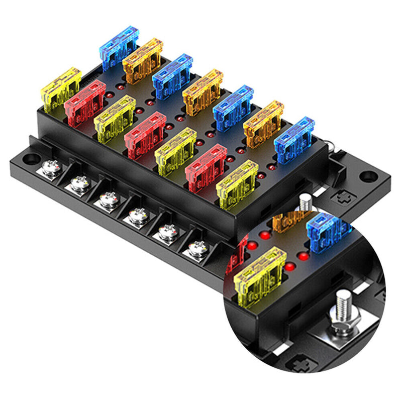 32V DC 12-Way Fuse Box Dual-Use Cover Blade Fuse Block Holder for Car Boat Newly