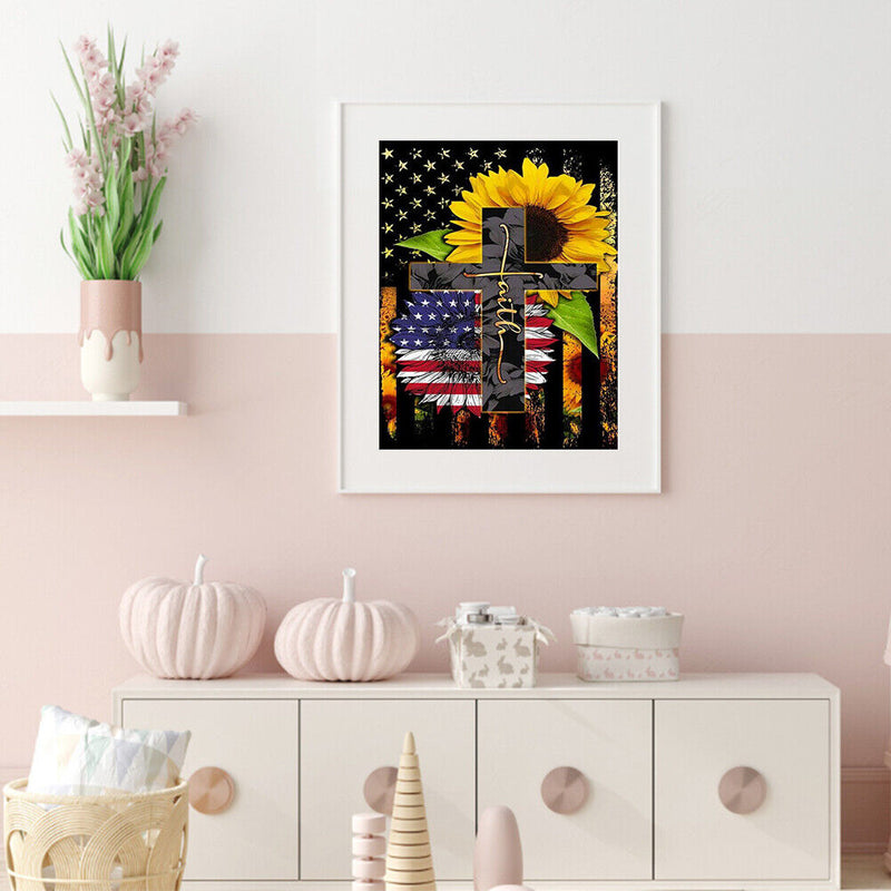 5D DIY Full Round Drill Diamond Painting Flag Flower on Cross Handmade Art Craft