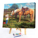 Frameless Oil Paint By Numbers Feeding Horse Girl DIY Canvas Picture Kit