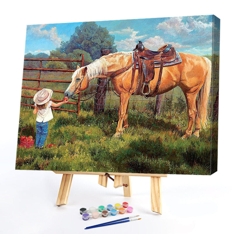 Frameless Oil Paint By Numbers Feeding Horse Girl DIY Canvas Picture Kit