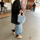 Women Quilted Cotton Padded Top-handle Bag Flower Pattern Satchel (Blue)