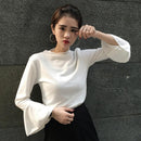 Spring Daily Flare Sleeve T-shirt Women Sweet Bottoming Tops (White XL)