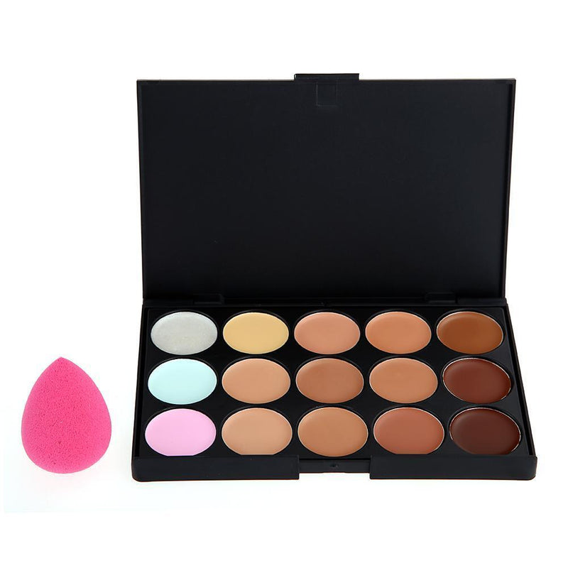 15 Colors Makeup Concealer Palette + 8PC Powder Brush + Sponge Foundation