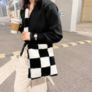Women Plush Fur Checkerboard Pattern Handbag Winter Square Shoulder Bag
