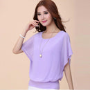 Summer Round Collar Short Bat Sleeve Blouse Solid Color Ruffle Women Tops